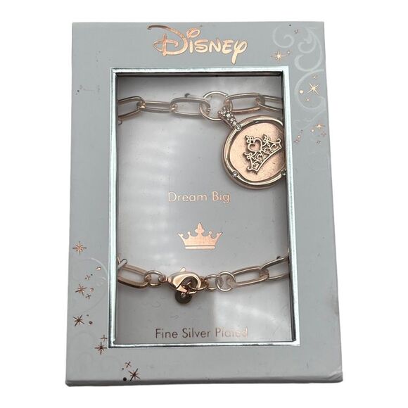 Disney Princess Crown Dream Big Charm Link Bracelet Rose Silver Plated NWT - Picture 1 of 3